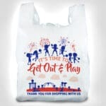 Bright Summer Plastic Shopping Bag with seasonal t-shirt handle design for retail and grocery use