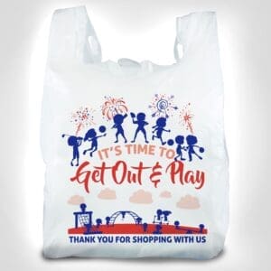 Bright Summer Plastic Shopping Bag with seasonal t-shirt handle design for retail and grocery use
