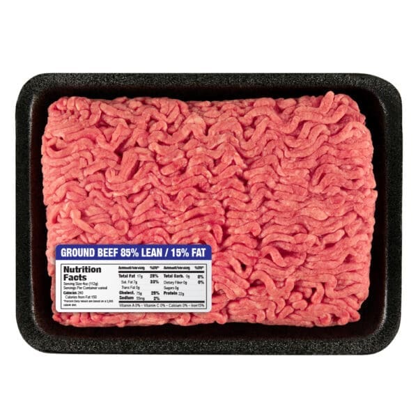 Nutritional Ground Beef 85/15 Label in use on package of ground beef