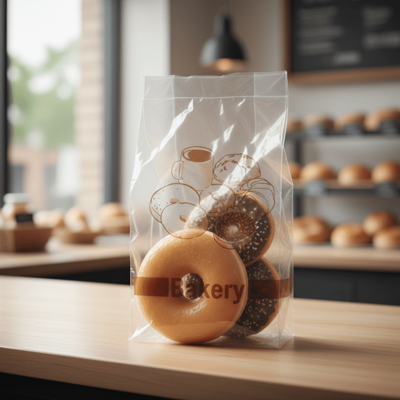 100167-Donut-Bags-4-lb.-Clear donut bag clear with donut design 4lbs. bag on bakery counter