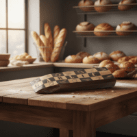 Garlic foil bread bag on bakery table
