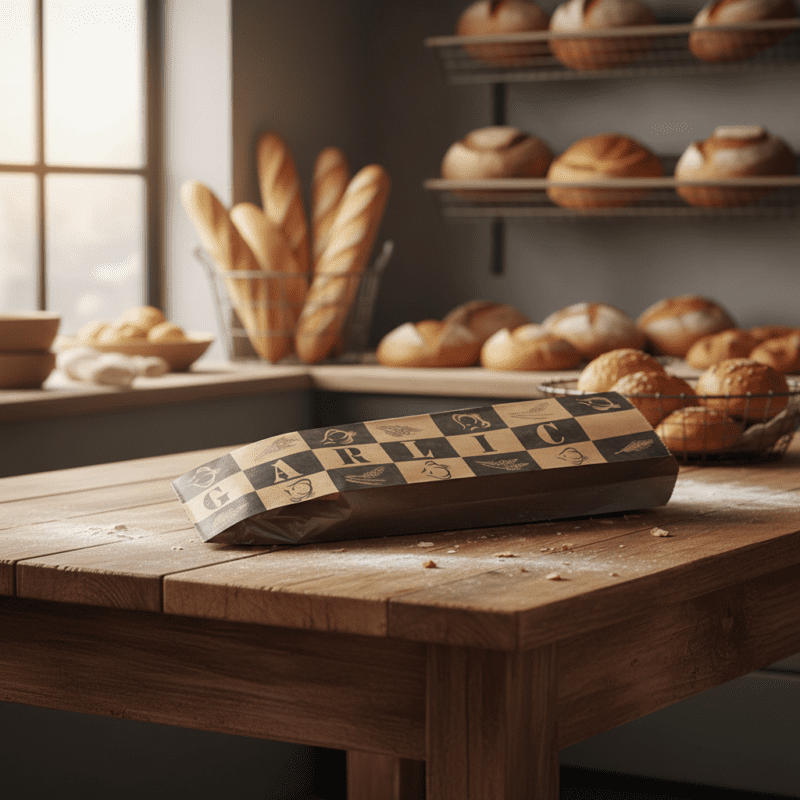 Garlic foil bread bag on bakery table