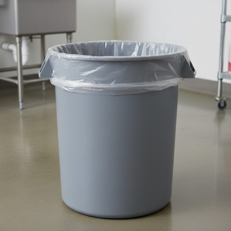 Clear 60-gallon high-density industrial trash liners for large-scale recycling.