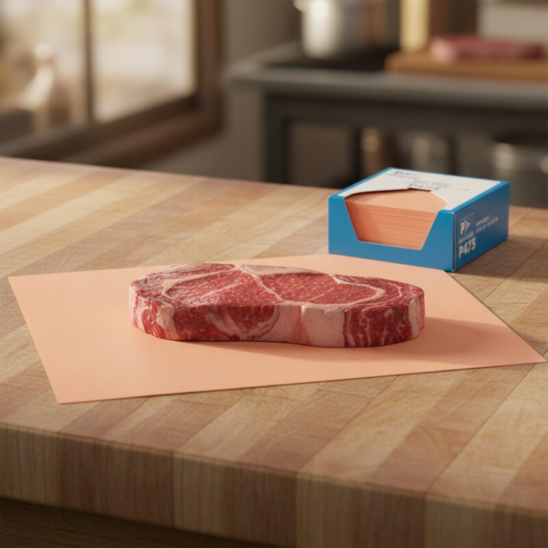 110038-Peach-Steak-Paper-12x30 Peach Steak Paper 12" x 30" shown with steak on sheet and box of paper