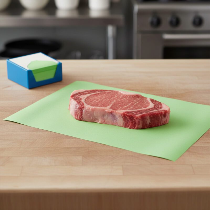 110116-Green-Steak-Paper-10x30 Green Steak Paper 10" x 30" shown with steak on sheet with box