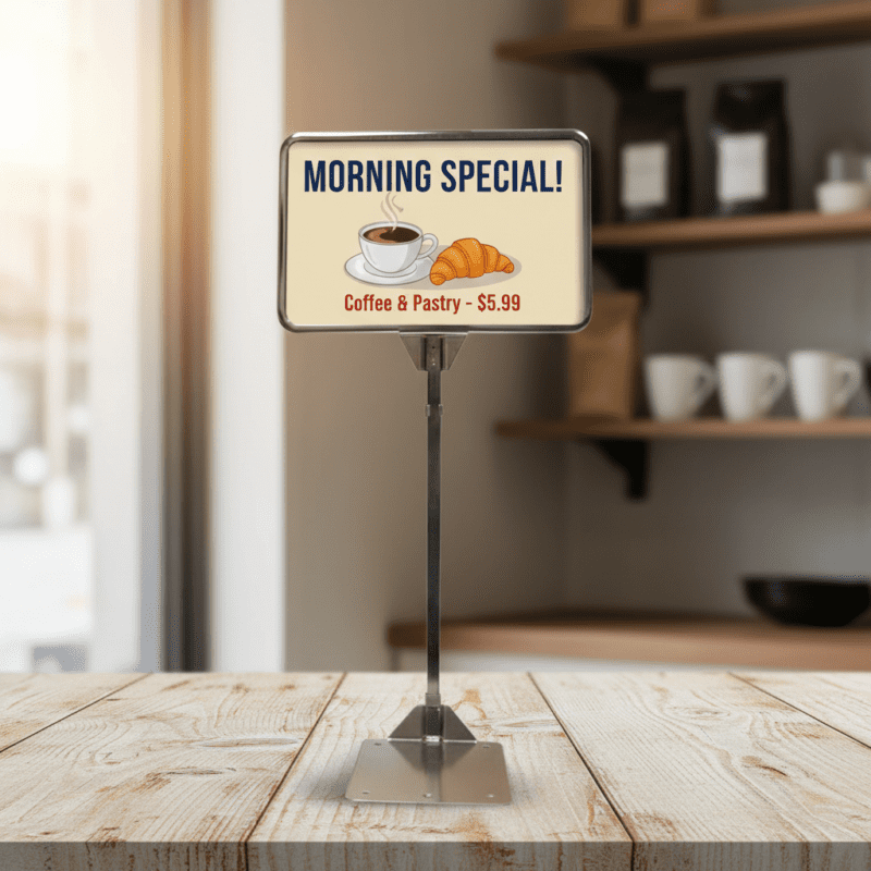 230012 Store Sign Frame with Metal Stand Adjustable – Chrome 5.5″ x 7″