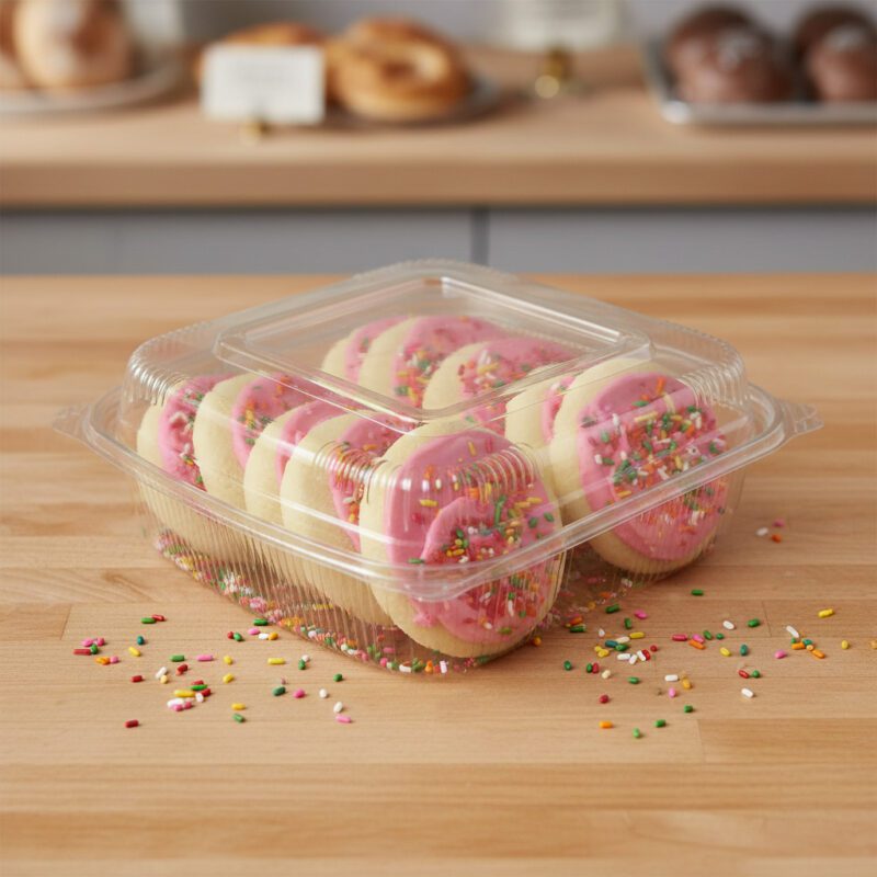 260131-Large-Cookie-Container-with-Hinged-Lid Clear 8x8x3 hinged plastic cookie container for bakery display