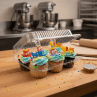 6 count plastic cupcake container takeout clamshell on table