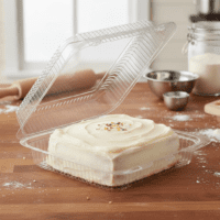 Large Hinged Square Cake Container 8.5 x 9 x 3 with cake inside