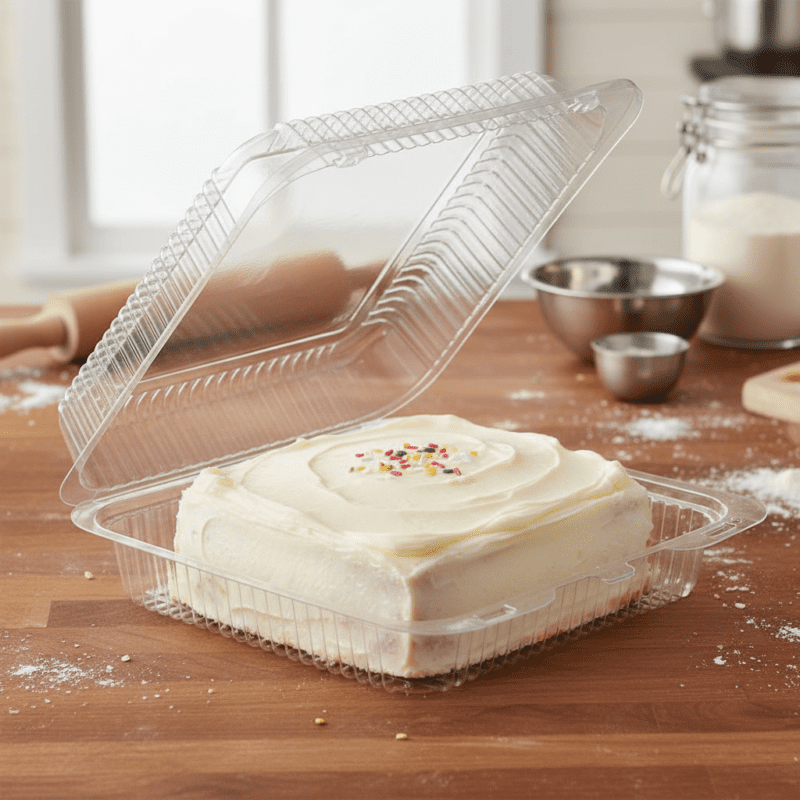 Large Hinged Square Cake Container 8.5 x 9 x 3 with cake inside