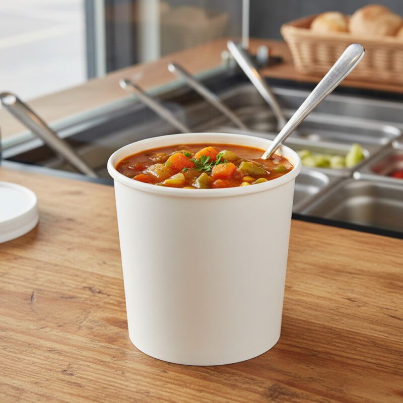 261705-Paper-Soup-Cup-32-oz-White-with-Lid 32oz paper cup for soups and other foods on a deli counter