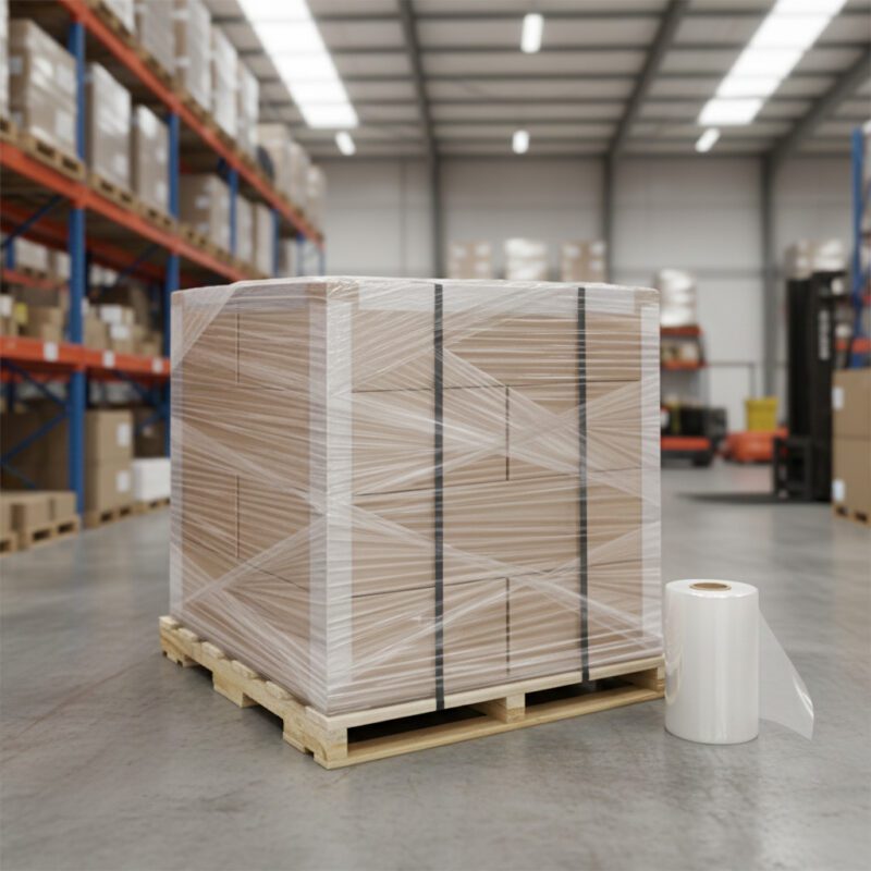 280069-15-x-1500ft-Clear-Pallet-Wrap Pallet Wrap 15 inch by 1500 feet on a pallet with a roll of wrap next to it