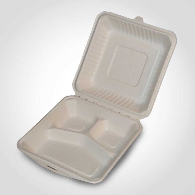 360222 9 inch 3-Section Molded Clamshell Champware Made from Sugar Cane Pulp Fiber