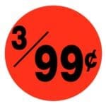 3 for 99 cents sticker pricing label on adhesive red label with black print