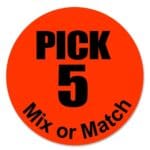 Pick 5 Mix or Match on Round Sticker with Black Print and Bright Red Background