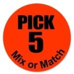 Pick 5 Mix or Match on Round Sticker with Black Print and Bright Red Background