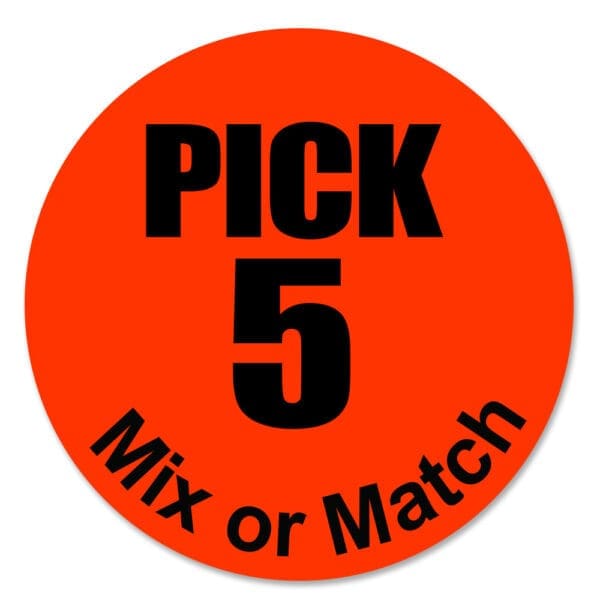 Pick 5 Mix or Match on Round Sticker with Black Print and Bright Red Background