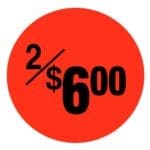 2 for 6 dollar Sticker Pricing Label, red adhesive label with black print