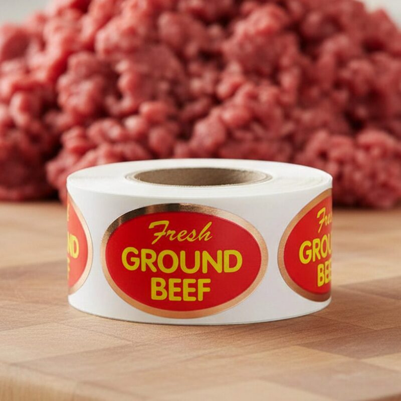 500159-Fresh-Ground-Beef-Label-Butcher-Sticker Fresh Ground Beef Foil Sticker on a roll of labels
