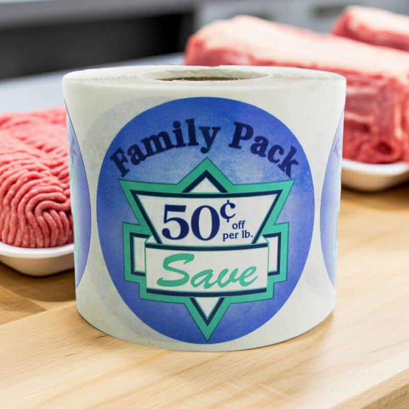 500222-Family-Pack-Circle-50-Cent-Label-Stickers Family Pack save 50 cents per pound discount butcher sticker purple