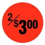 2 for 3 dollar sticker pricing label on a red label with blank print