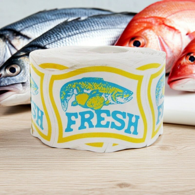 500366-Fresh-Fish-Label-Stickers-with-Fish-drawing-on-Label-Stickers Fresh Fish label with a fish image and the text fresh on the sticker