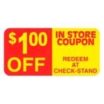 $1 OFF Sticker Coupon Label with red and yellow print read 1 dollar off redeem at check stand