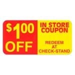 $1 OFF Sticker Coupon Label with red and yellow print read 1 dollar off redeem at check stand