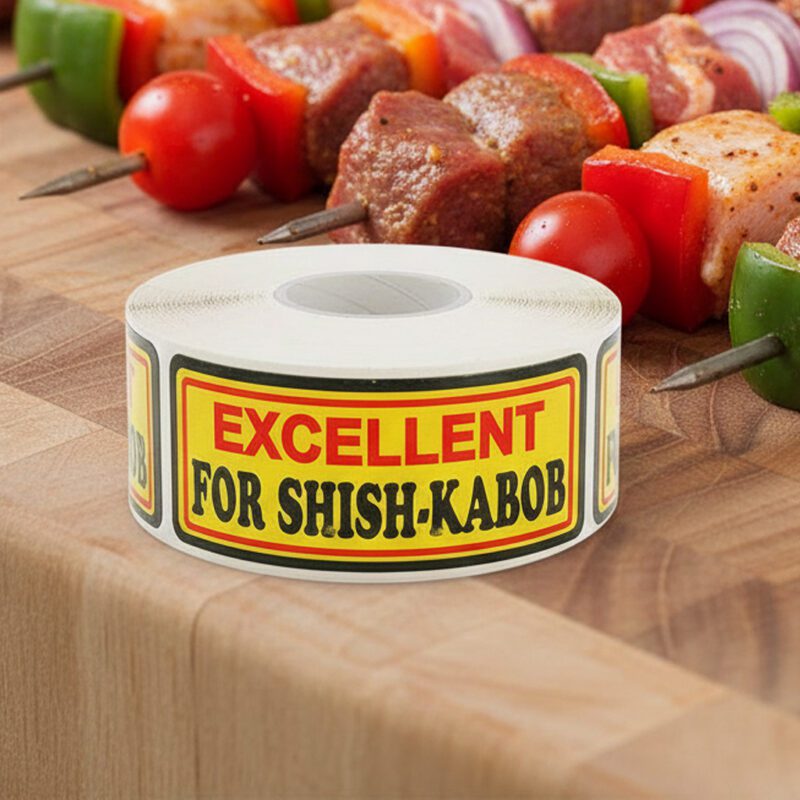 500478-Excellent-For-Shish-Kabob-Label-Stickers excellent for barbecue shish-kabob on a yellow, red, and black butcher label