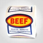 Beef Selected Inspected Satisfaction Guaranteed, red, blue and yellow label