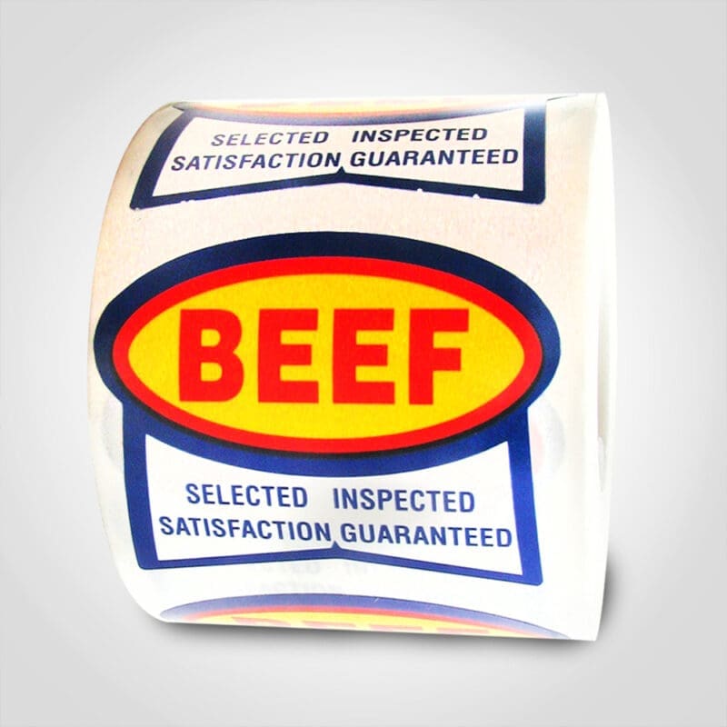 500482-1 Beef Selected Inspected Satisfaction Guaranteed, red, blue and yellow label