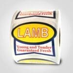 Lamb Label that is in the shape of a ribbon and reads Lamb, Young and Tender and is printed with red, yellow and blue on 500 stickers