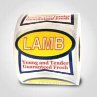 Lamb Label that is in the shape of a ribbon and reads Lamb, Young and Tender and is printed with red, yellow and blue on 500 stickers