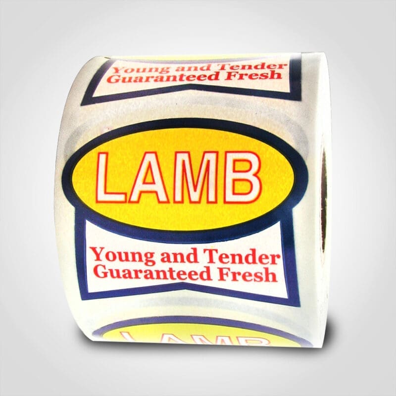 500486-1 Lamb Label that is in the shape of a ribbon and reads Lamb, Young and Tender and is printed with red, yellow and blue on 500 stickers