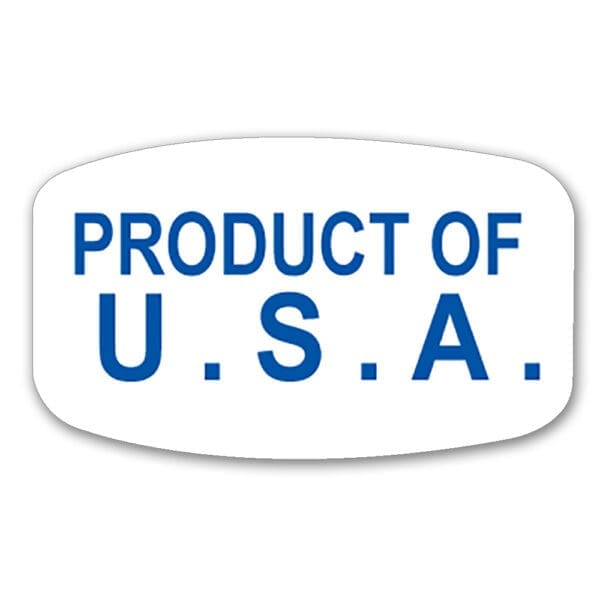 Product of USA Label white sticker with blue print