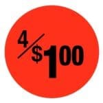 4 for $1 Sticker Pricing Label on a red adhesive label with black print