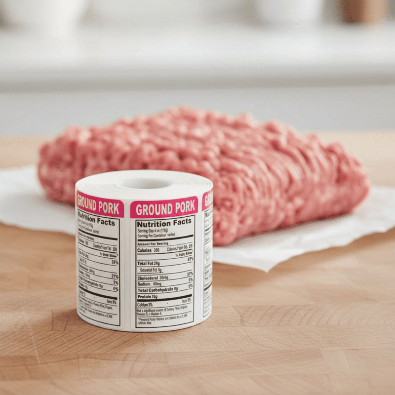 Nutritional Ground Pork Sticker on an upright label