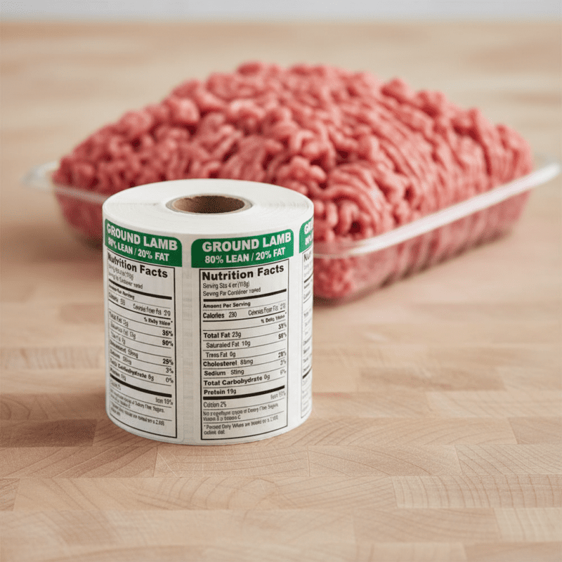 Nutritional Ground lamb Sticker on an upright label