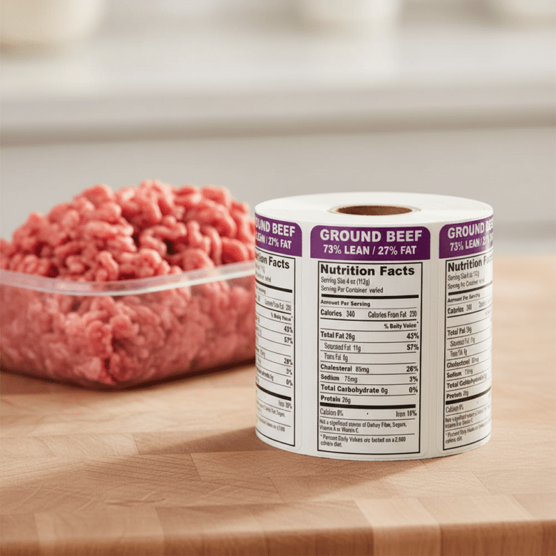 500718-Ground-Beef-73_27-Lean-Vertical-Label Nutritional Ground Beef Sticker 73 percent lean upright label
