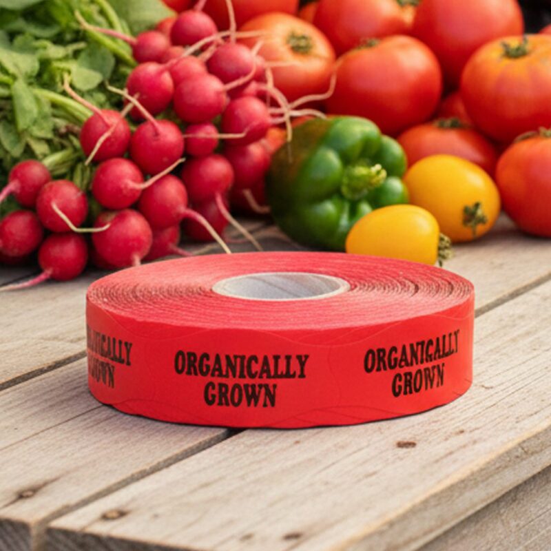 500735-Organically-Grown-Label-on-Red-Label-with-Black-print organically grown red sticker on a roll of labels