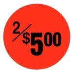 2 for 5 dollars Sticker Pricing Label on a red adhesive label with black print