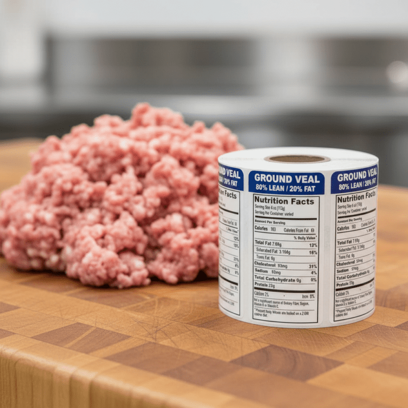 500743-Ground-Veal-80%-Lean-Vertical-Label Nutritional Ground Veal Sticker on a vertical label