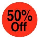 50% off sticker pricing label on a red label with black print