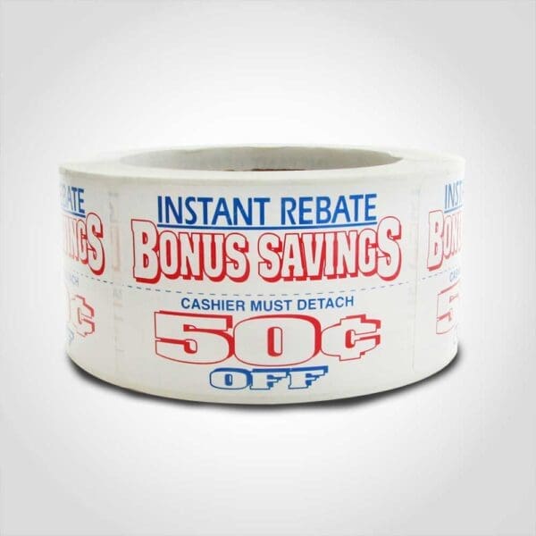 Red, White and Blue 50 Cent Off Label 1 roll of 500 stickers