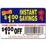 $1 off sticker coupon pricing label with text that reads $1.00 off instant savings