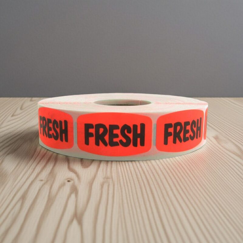fresh sticker on a bright red dayglo label