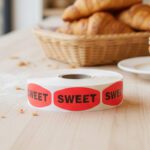 sweet stickers on a roll of red labels with black print