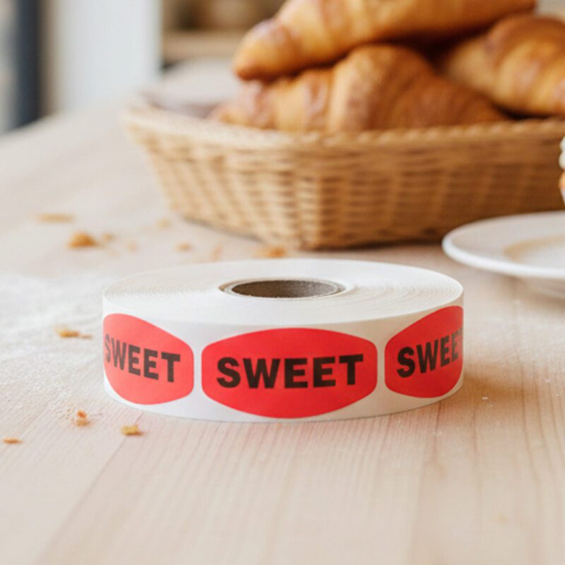 510094-Sweet-Label-Stickers-Dayglo-Red-Sticker sweet stickers on a roll of red labels with black print
