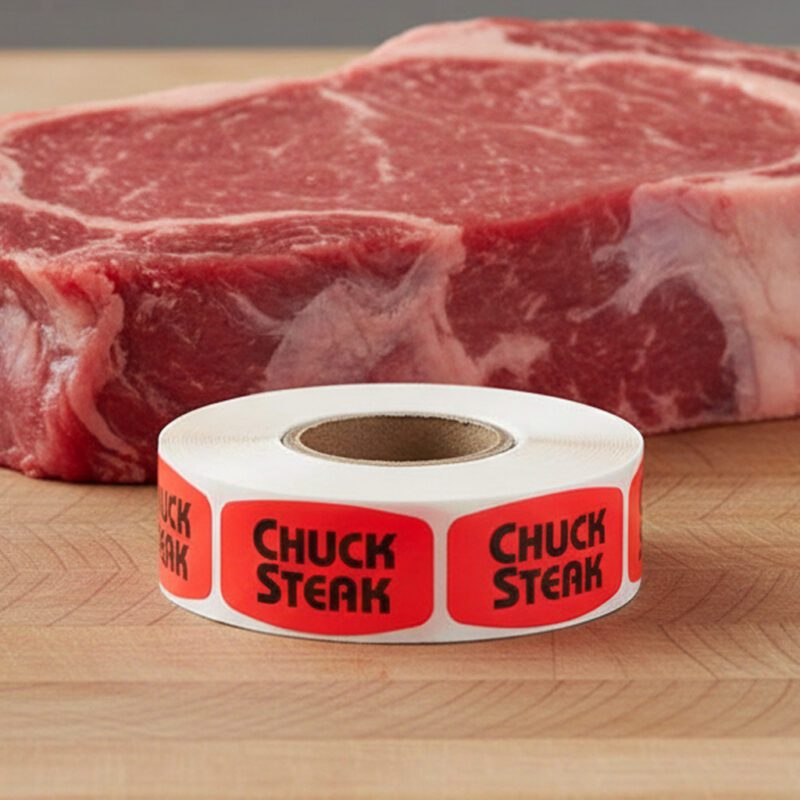 540035-Chuck-Steak-Label chuck steak stickers on a roll of red labels with black print