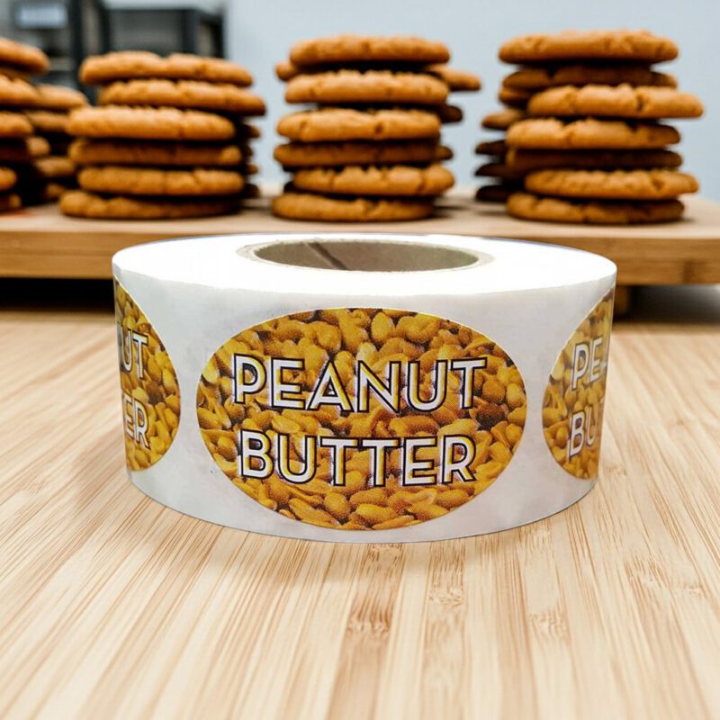 560084-Peanut-Butter-Label-Bakery-Flavor-Stickers Peanut butter sticker on an oval label with peanuts in the background